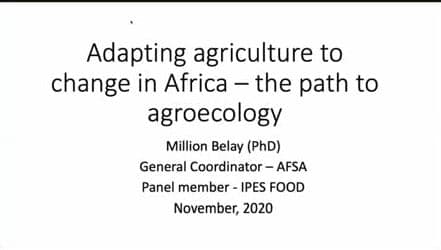 Title slide: Adapting agriculture to change in Africa — the path to agroecology, Million Belay (PhD), General Coordinator, AFSA