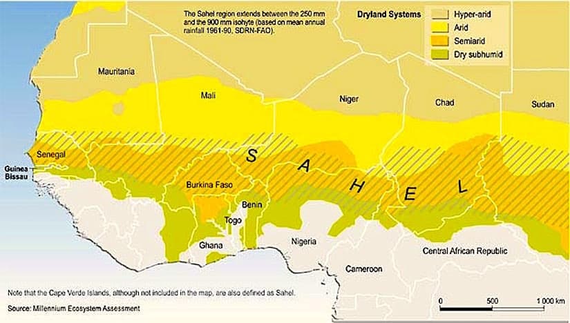Map of the Sahel belt across West Africa, from Senegal and Mauritania to Chad and Sudan, shaded by dryland zone