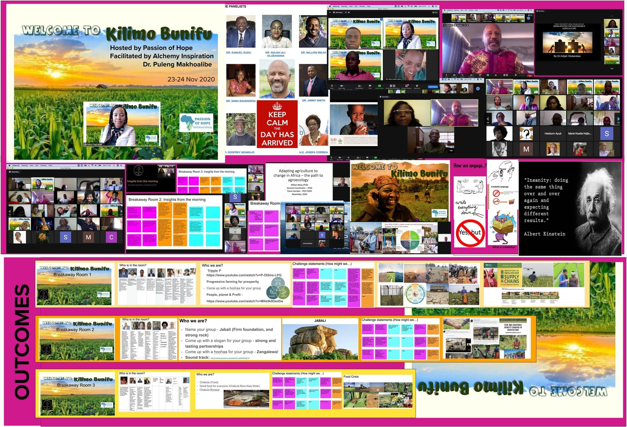 Collage from Kilimo Bunifu I: the welcome slide, panelists, Zoom sessions, breakaway-room boards and each team's outcomes