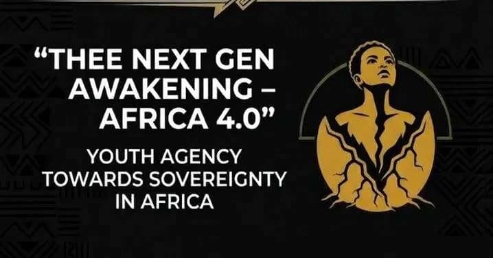 Thee Next Gen Awakening – Africa 4.0 emblem: a young African rising from a cracked shell, with the words Youth agency towards sovereignty in Africa